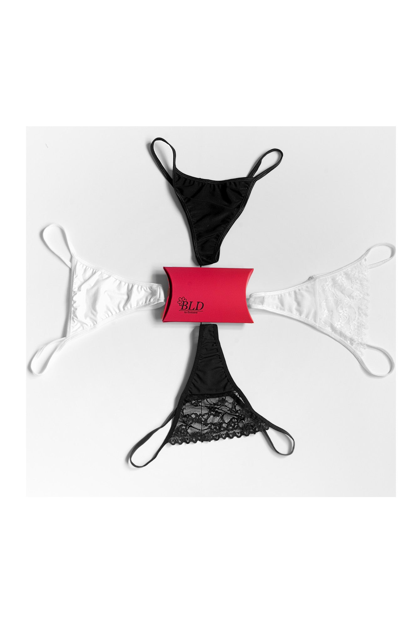 Set cutie cadou,4 buc chilot tanga, alb, negru, microfibra, dantela FANTAZIA, BLD by Exclusive