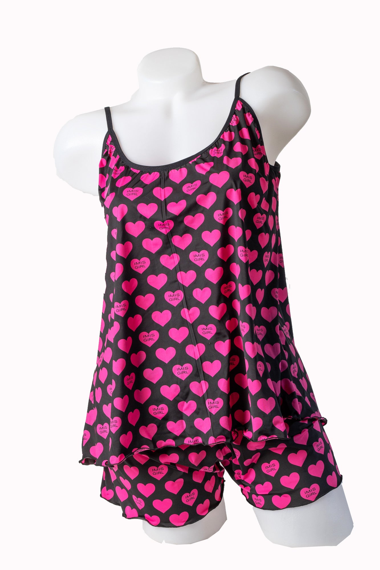 Pijama dama, microfibra imprimata, elastica, negru cu inimioare, Pinky Heart, BLD by Exclusive