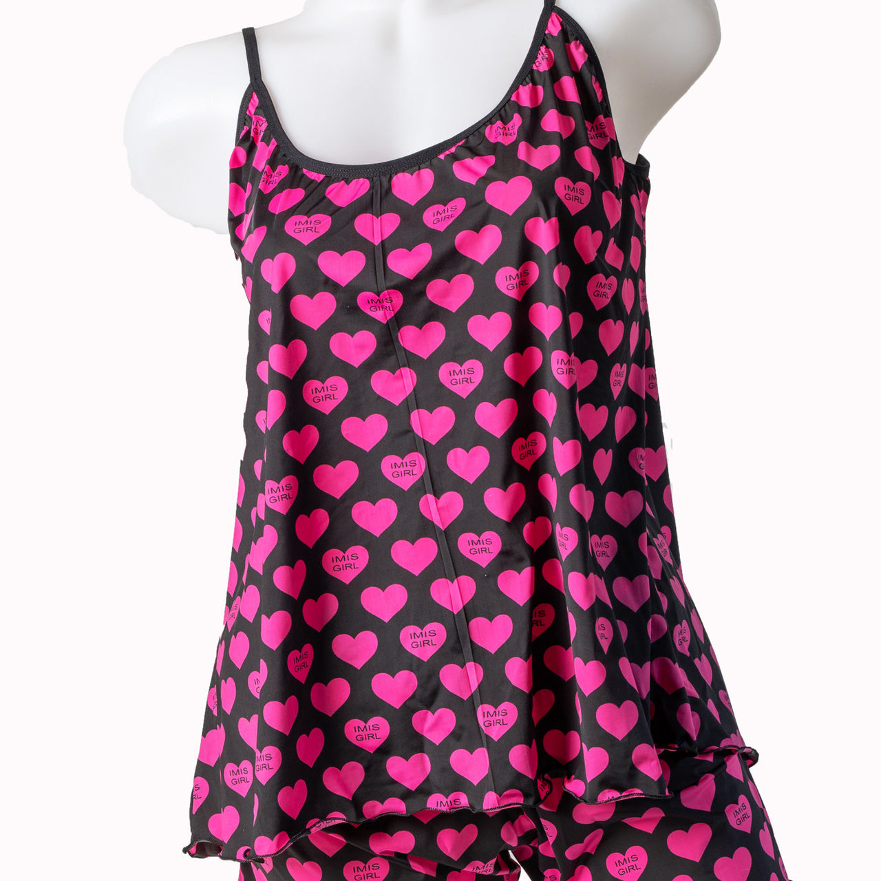 Pijama dama, microfibra imprimata, elastica, negru cu inimioare, Pinky Heart, BLD by Exclusive